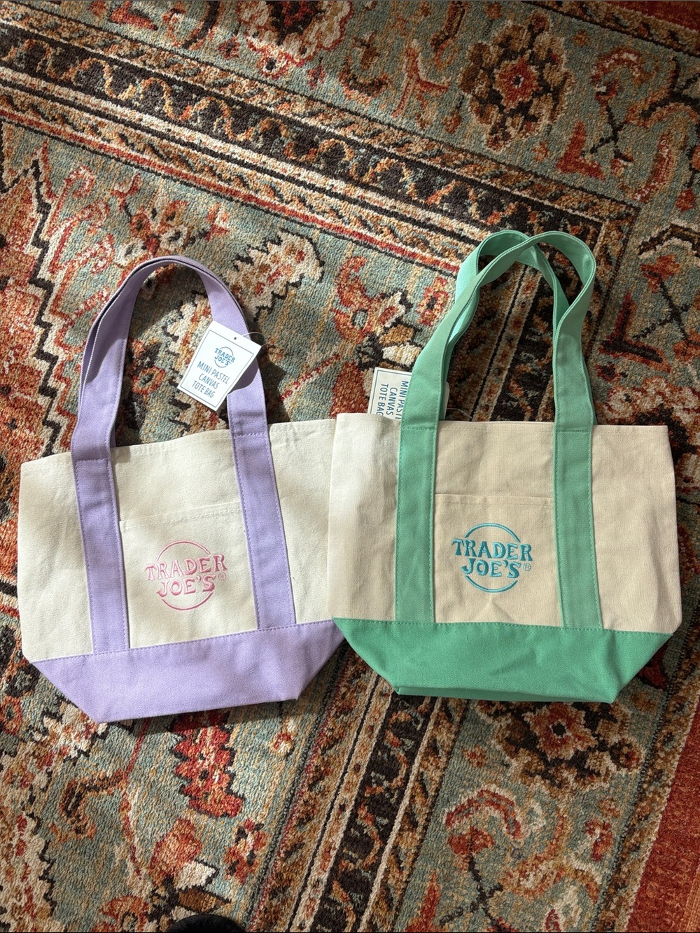 2 Trader Joe’s Mini Tote Pastel Lavender & Green Embroidered Limited Edition